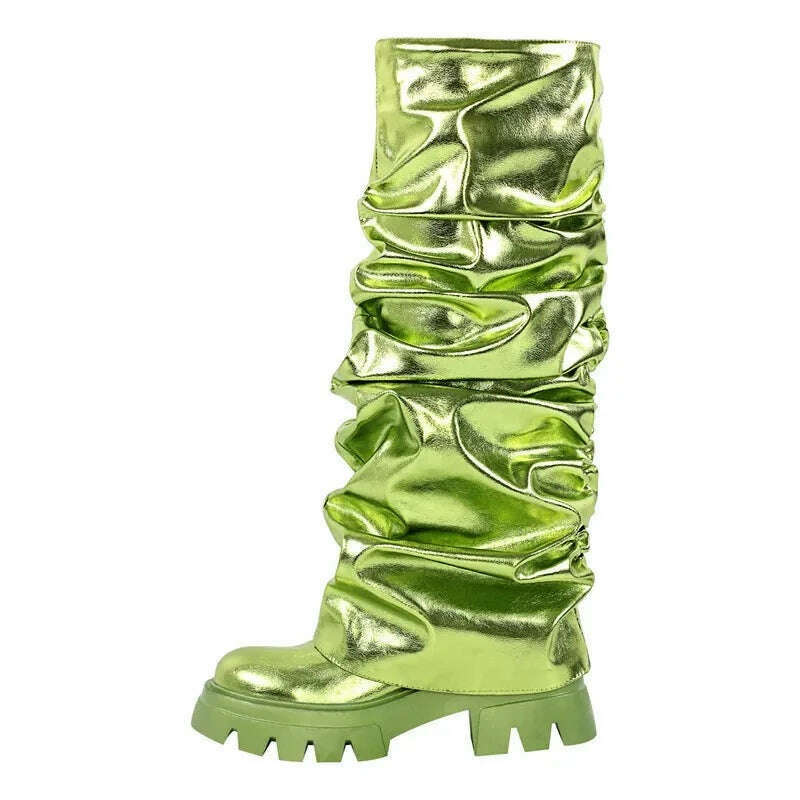 Onlymaker Women Green Round Toe Fold Over Boots Webs Fashion Handmade Female Mid-Calf Boots - KIMLUD