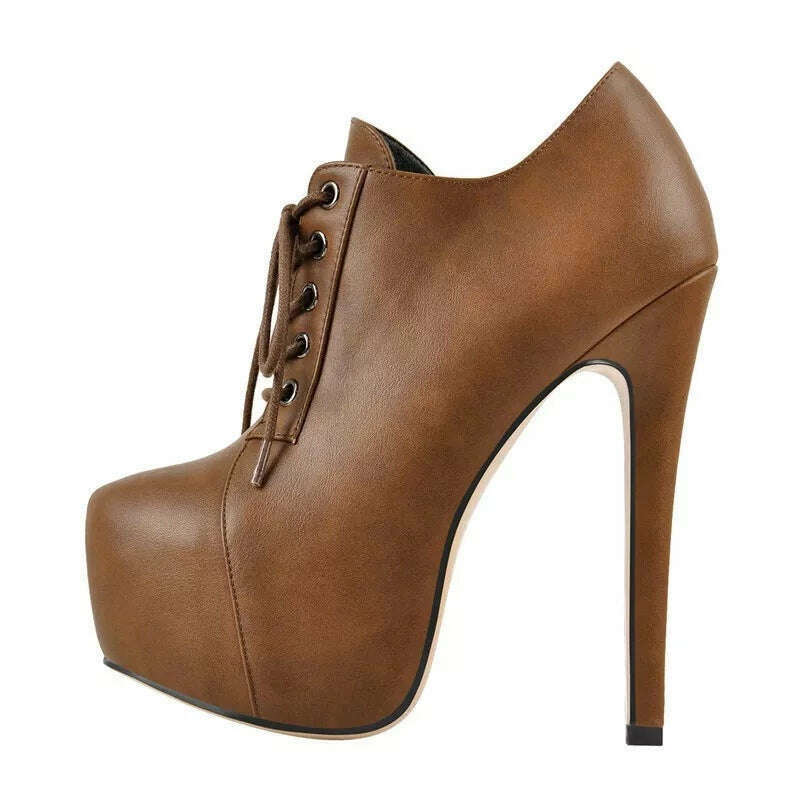 Onlymaker Women Platform Lace Up Chocolate Ankle Boots High Heels Stiletto Big Size Side Zip Lady Fashion Booties - KIMLUD