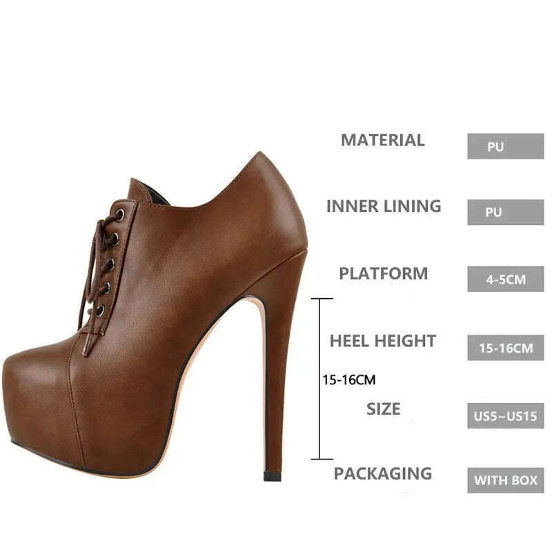 Onlymaker Women Platform Lace Up Chocolate Ankle Boots High Heels Stiletto Big Size Side Zip Lady Fashion Booties - KIMLUD