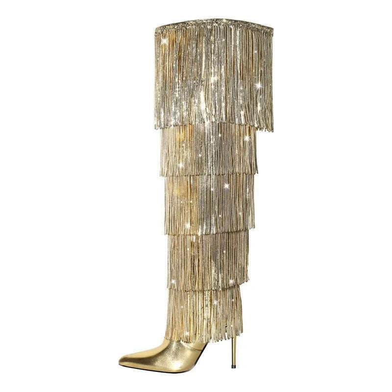 KIMLUD, Onlymaker Women Pointed Toe  Gold Fringe Metallic Slim  Over The Knee Boots Stiletto Sexy Dance Thigh Boots, KIMLUD Women's Clothes