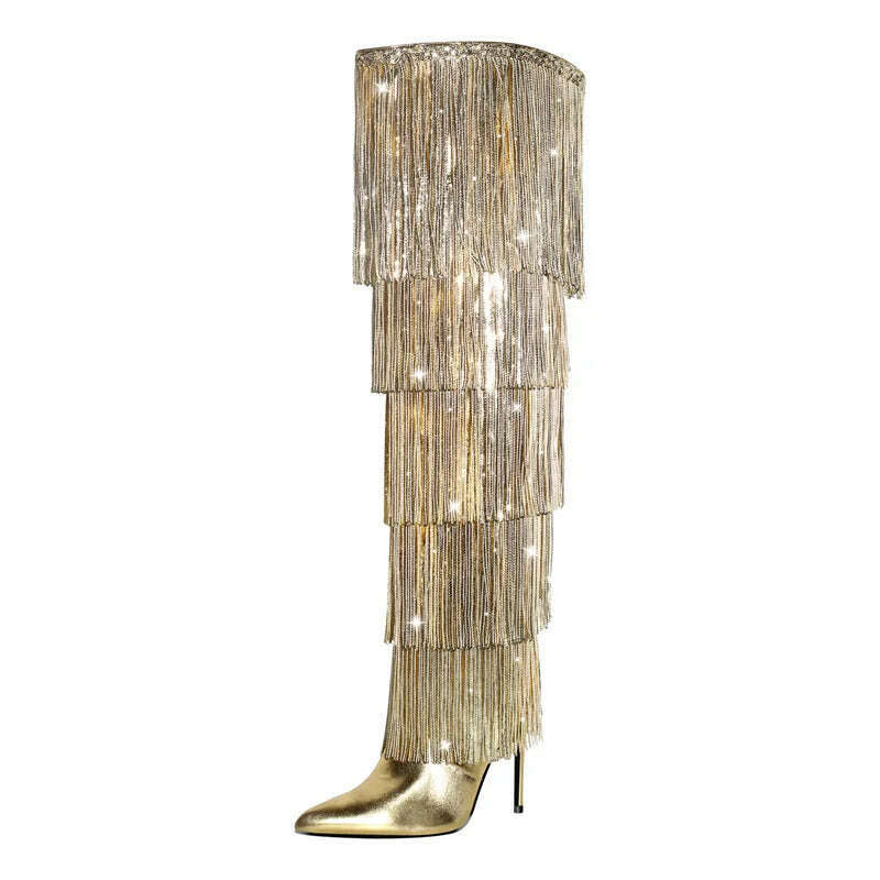 KIMLUD, Onlymaker Women Pointed Toe  Gold Fringe Metallic Slim  Over The Knee Boots Stiletto Sexy Dance Thigh Boots, KIMLUD Womens Clothes