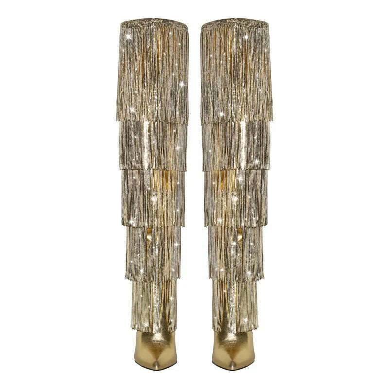 Onlymaker Women Pointed Toe Gold Fringe Metallic Slim Over The Knee Boots Stiletto Sexy Dance Thigh Boots - KIMLUD