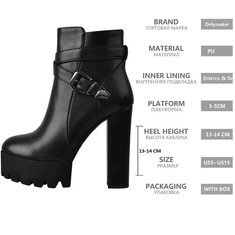 KIMLUD, Onlymaker Women&#39;s Matte Black Platform Chunky High Heel Side Zip Ankle Boots Plus Size Boots, KIMLUD Womens Clothes