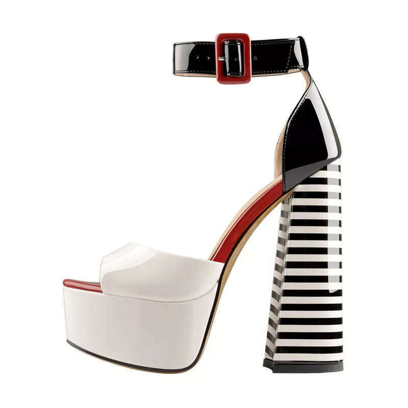 Onlymaker Women&#39;s Sandals Platform Peep Toe Chunky Square Heels Ankle Strap Sandals Black And White Stripes Party Fashion Shoes - KIMLUD