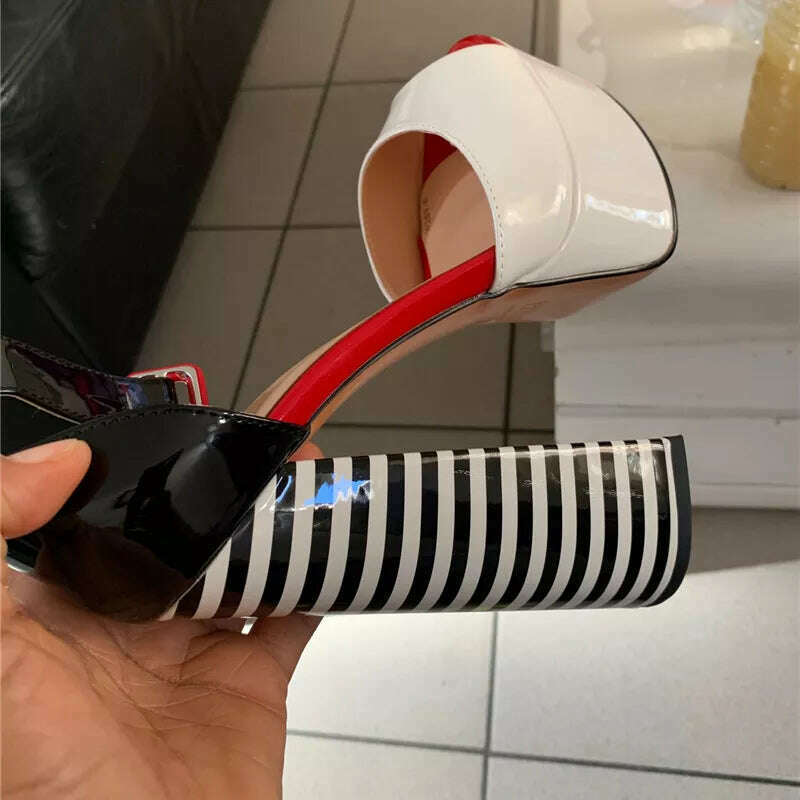 Onlymaker Women&#39;s Sandals Platform Peep Toe Chunky Square Heels Ankle Strap Sandals Black And White Stripes Party Fashion Shoes - KIMLUD