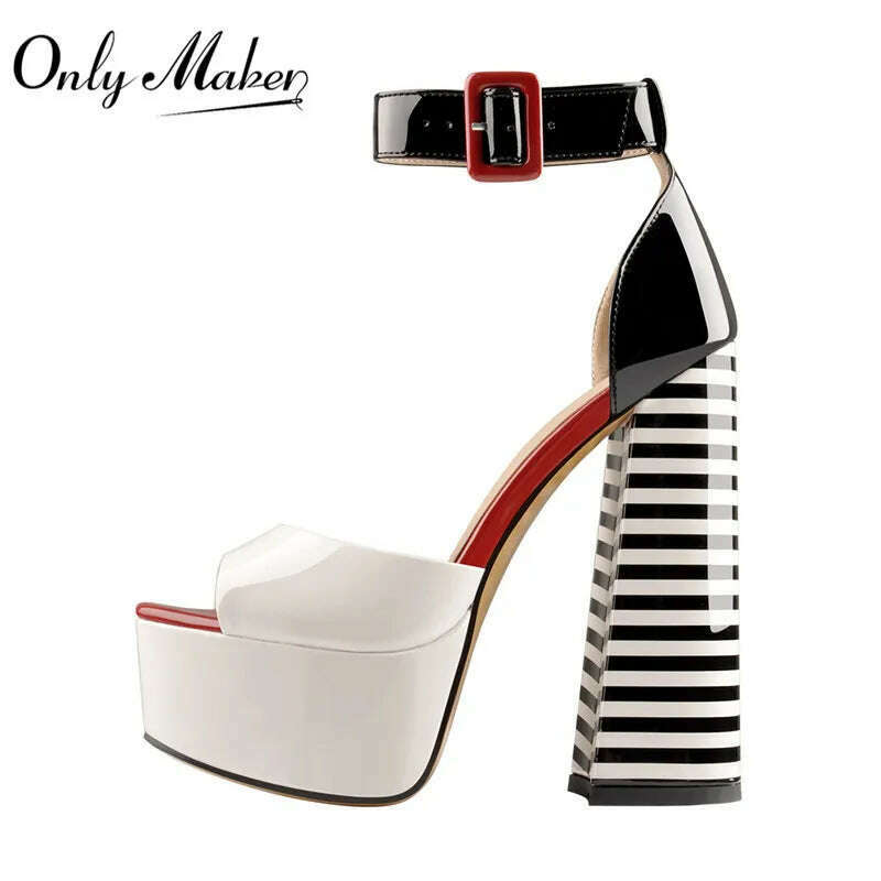 Onlymaker Women&#39;s Sandals Platform Peep Toe Chunky Square Heels Ankle Strap Sandals Black And White Stripes Party Fashion Shoes - KIMLUD