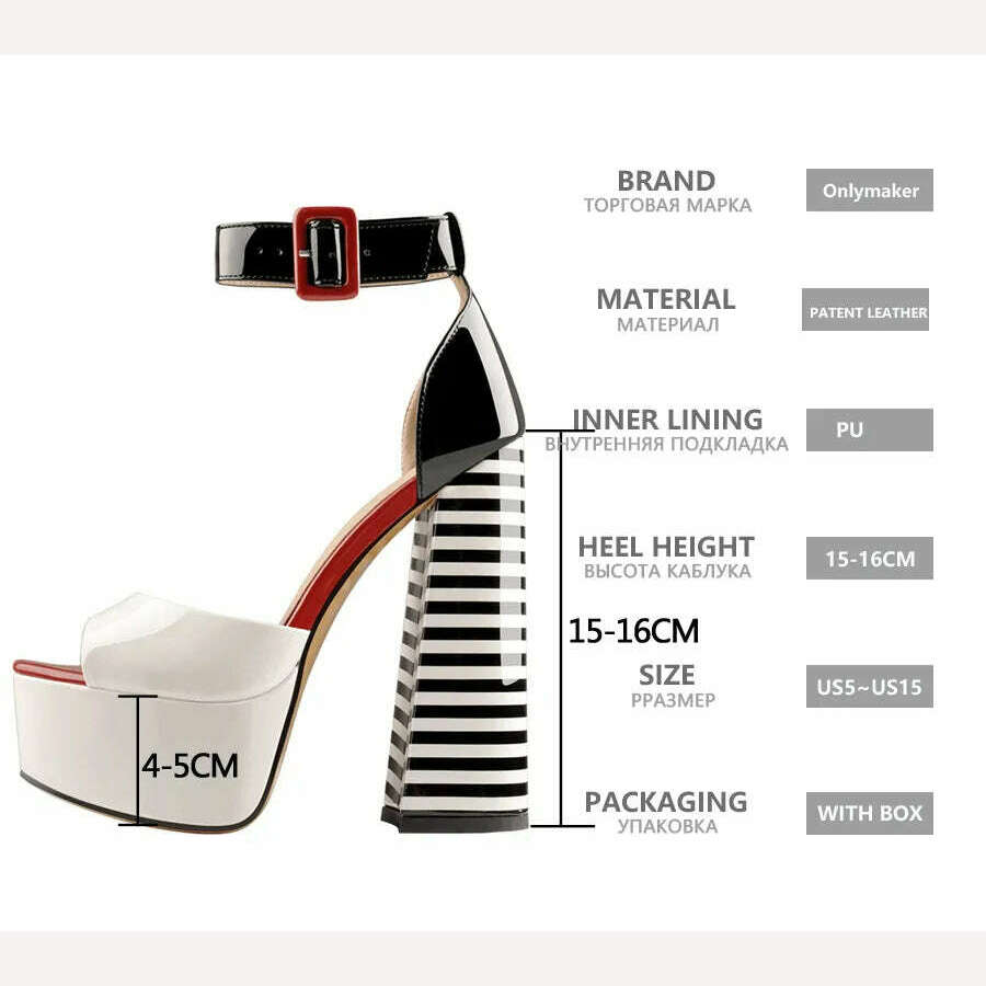 Onlymaker Women&#39;s Sandals Platform Peep Toe Chunky Square Heels Ankle Strap Sandals Black And White Stripes Party Fashion Shoes - KIMLUD