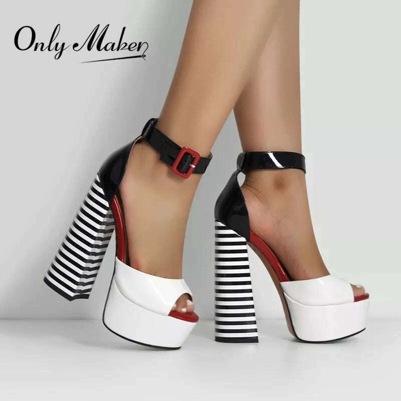 Onlymaker Women&#39;s Sandals Platform Peep Toe Chunky Square Heels Ankle Strap Sandals Black And White Stripes Party Fashion Shoes - KIMLUD