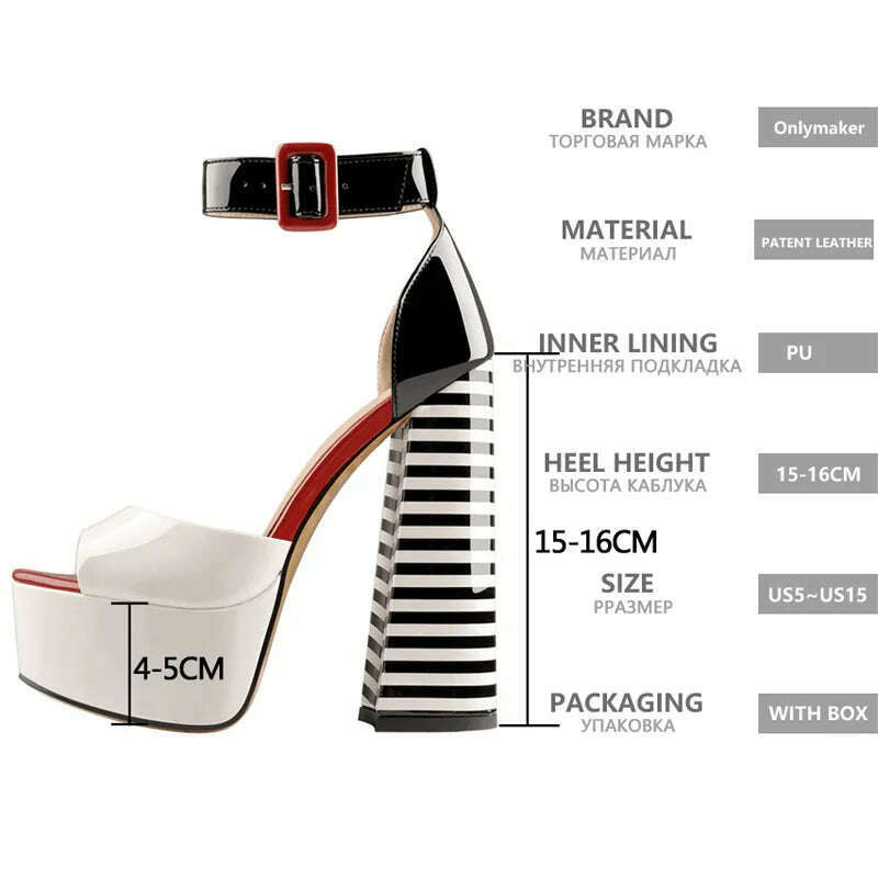 Onlymaker Women&#39;s Sandals Platform Peep Toe Chunky Square Heels Ankle Strap Sandals Black And White Stripes Party Fashion Shoes - KIMLUD