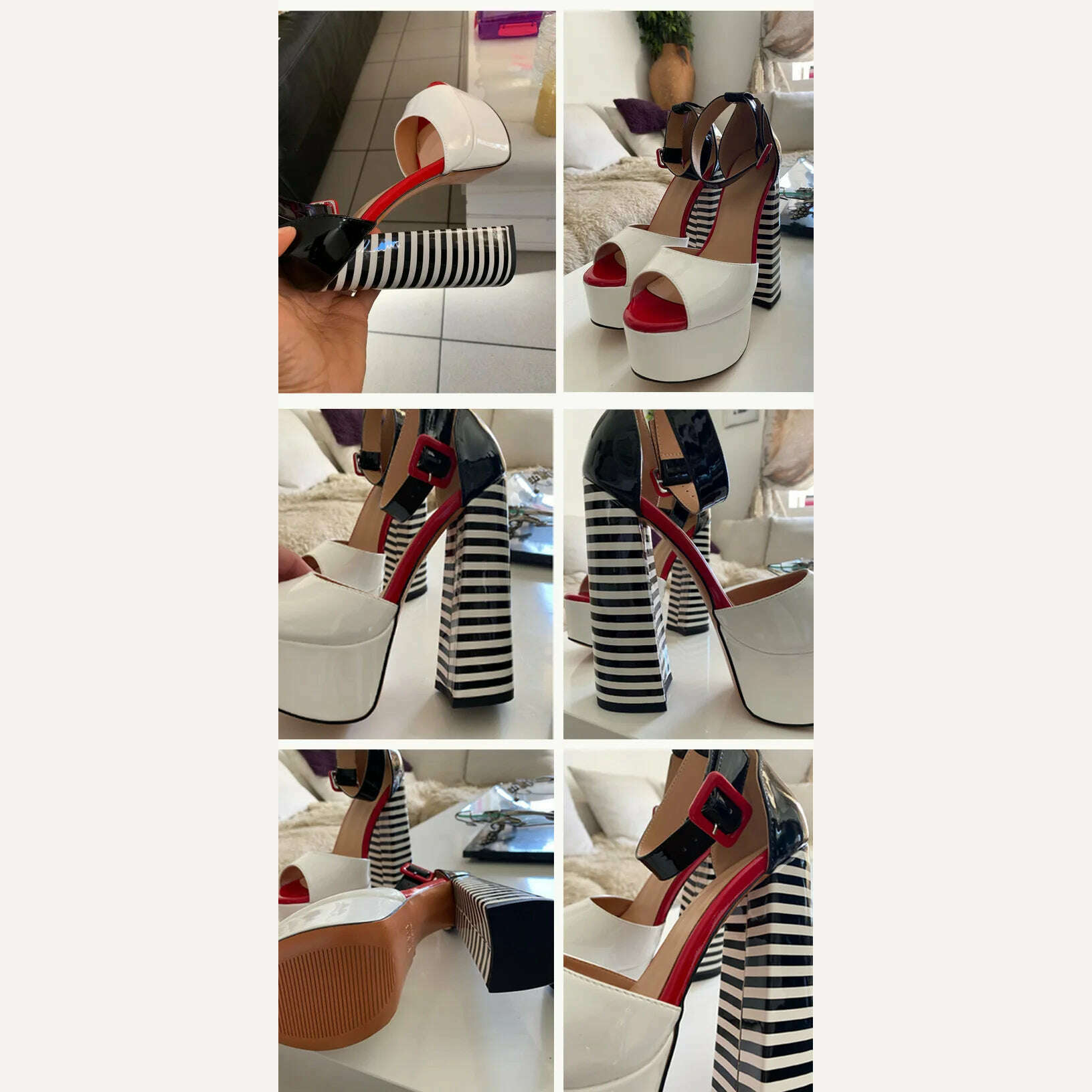 Onlymaker Women&#39;s Sandals Platform Peep Toe Chunky Square Heels Ankle Strap Sandals Black And White Stripes Party Fashion Shoes - KIMLUD