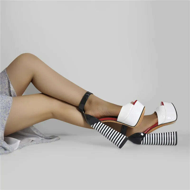 Onlymaker Women&#39;s Sandals Platform Peep Toe Chunky Square Heels Ankle Strap Sandals Black And White Stripes Party Fashion Shoes - KIMLUD