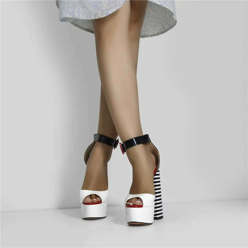 Onlymaker Women&#39;s Sandals Platform Peep Toe Chunky Square Heels Ankle Strap Sandals Black And White Stripes Party Fashion Shoes - KIMLUD