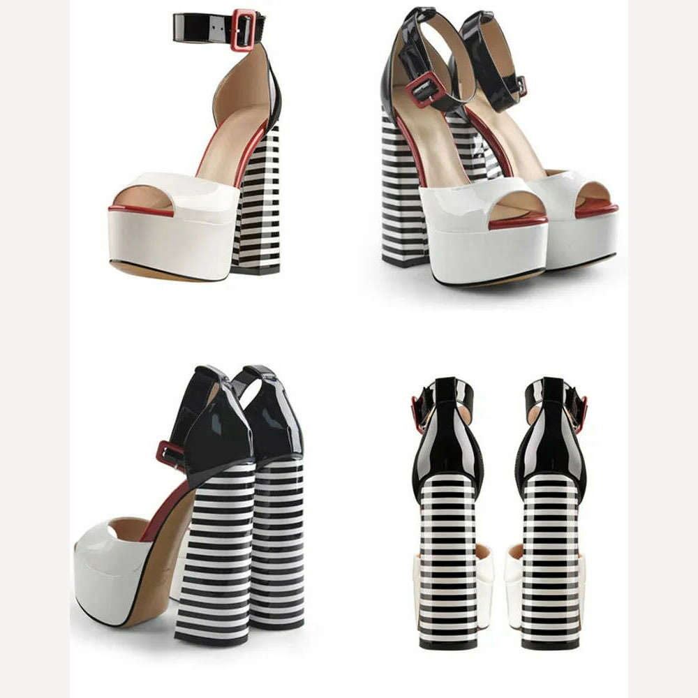 Onlymaker Women&#39;s Sandals Platform Peep Toe Chunky Square Heels Ankle Strap Sandals Black And White Stripes Party Fashion Shoes - KIMLUD