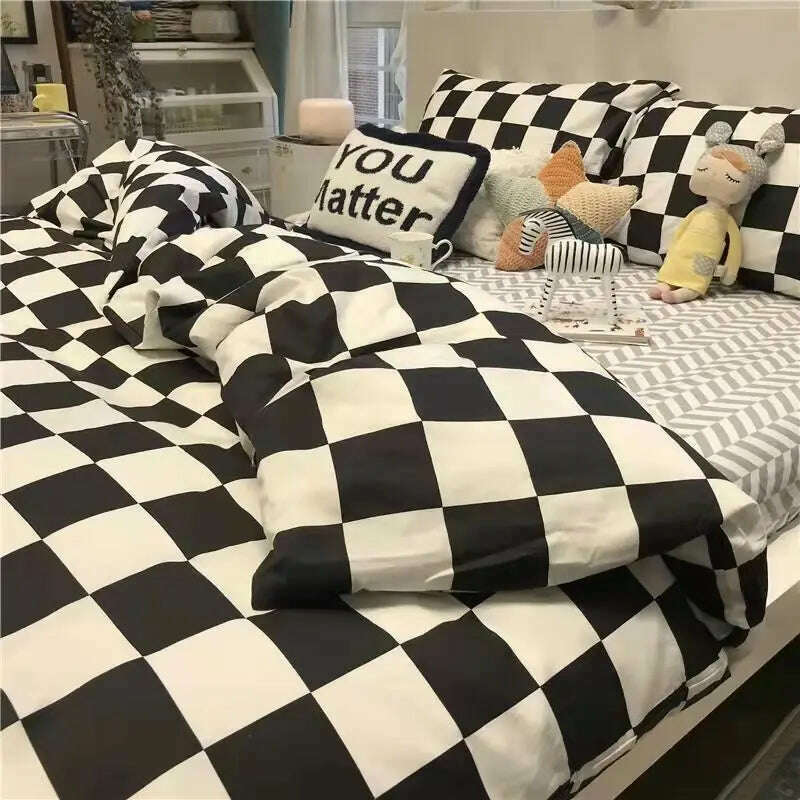 Orange Bedding Set Girls Boys Bed Linen Sheet Plaid Duvet Cover No Filling 240x220 Single Double Queen King Bedclothes - KIMLUD