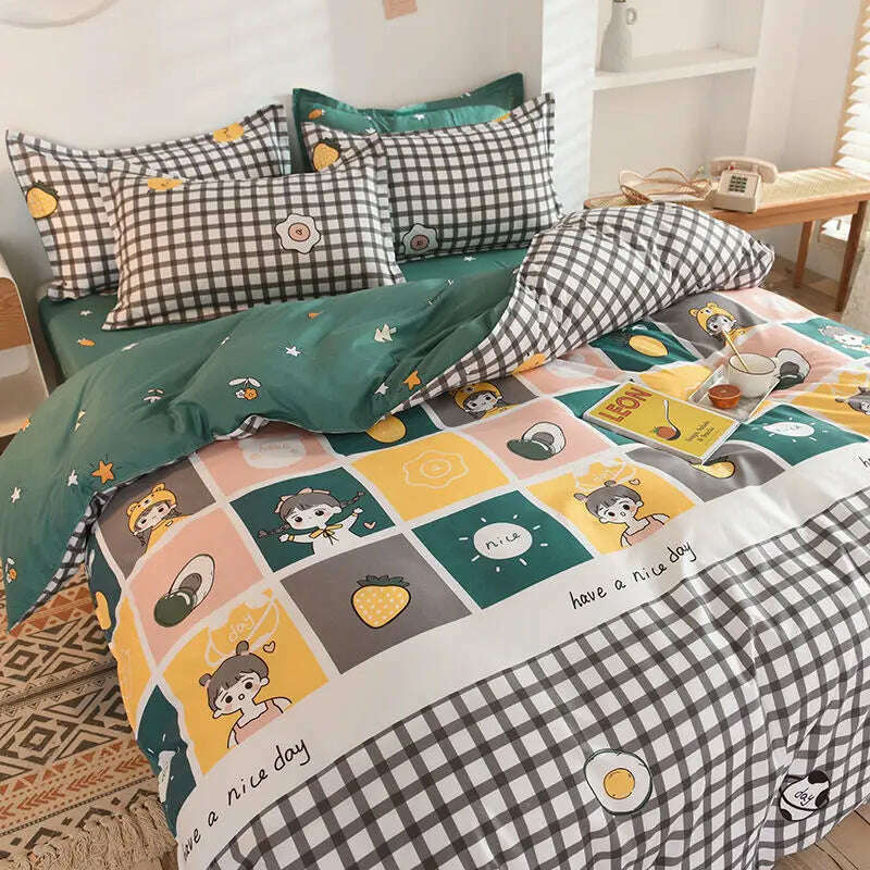 Orange Bedding Set Girls Boys Bed Linen Sheet Plaid Duvet Cover No Filling 240x220 Single Double Queen King Bedclothes - KIMLUD