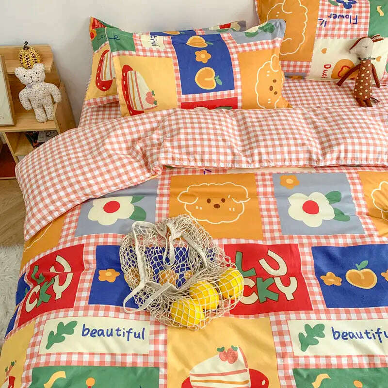 Orange Bedding Set Girls Boys Bed Linen Sheet Plaid Duvet Cover No Filling 240x220 Single Double Queen King Bedclothes - KIMLUD