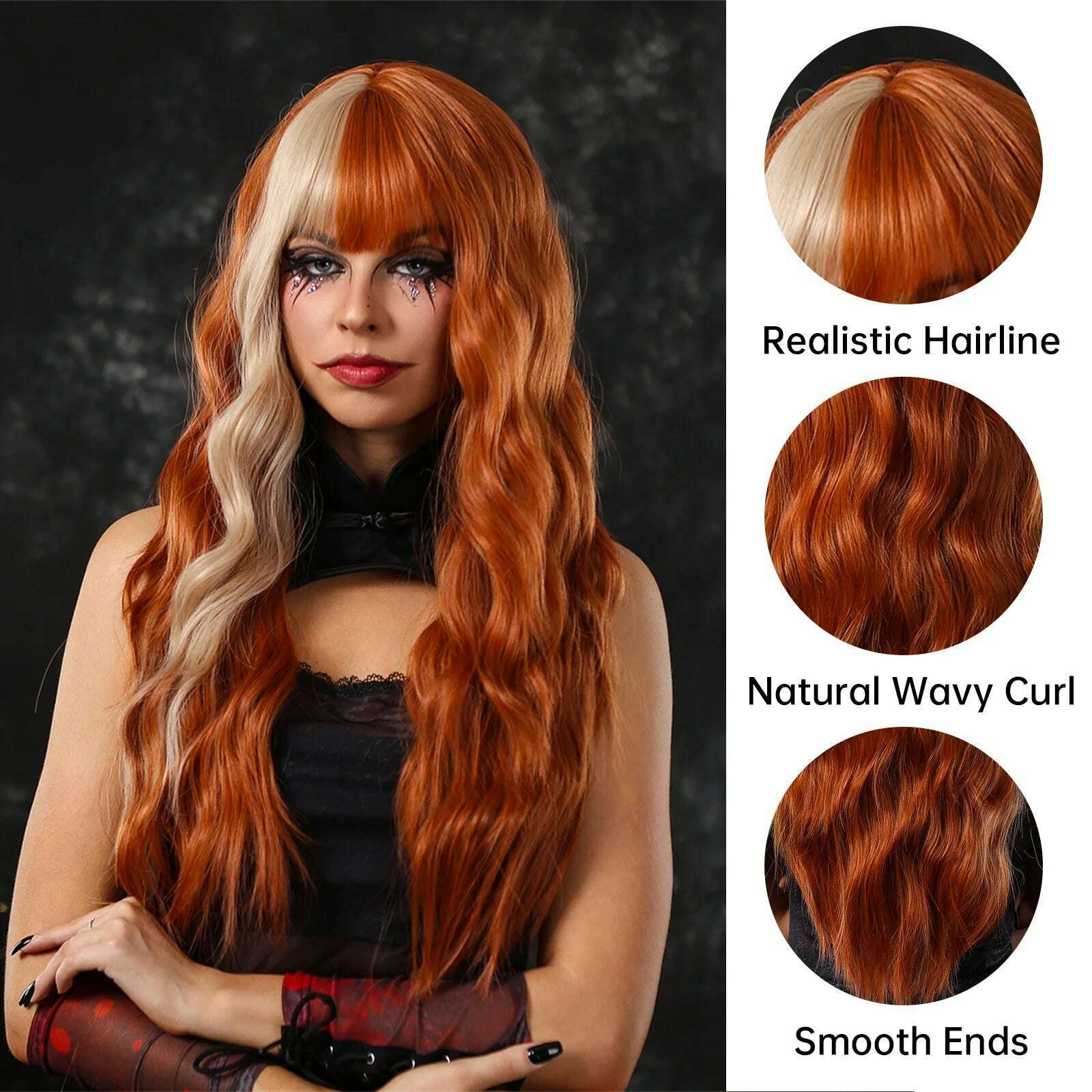 KIMLUD, Orange Long Wavy Wig with Bangs Blonde Highlight Wig Natural Wave Holiday Synthetic Hair Wigs Women Heat Resistant Cosplay Wig, KIMLUD Womens Clothes