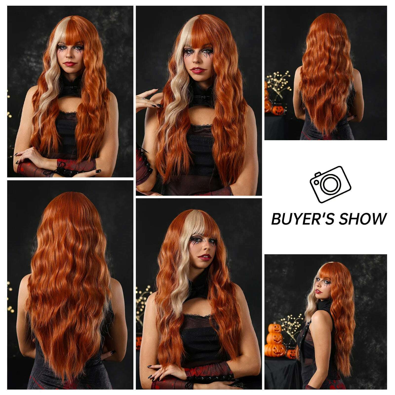 KIMLUD, Orange Long Wavy Wig with Bangs Blonde Highlight Wig Natural Wave Holiday Synthetic Hair Wigs Women Heat Resistant Cosplay Wig, KIMLUD Womens Clothes