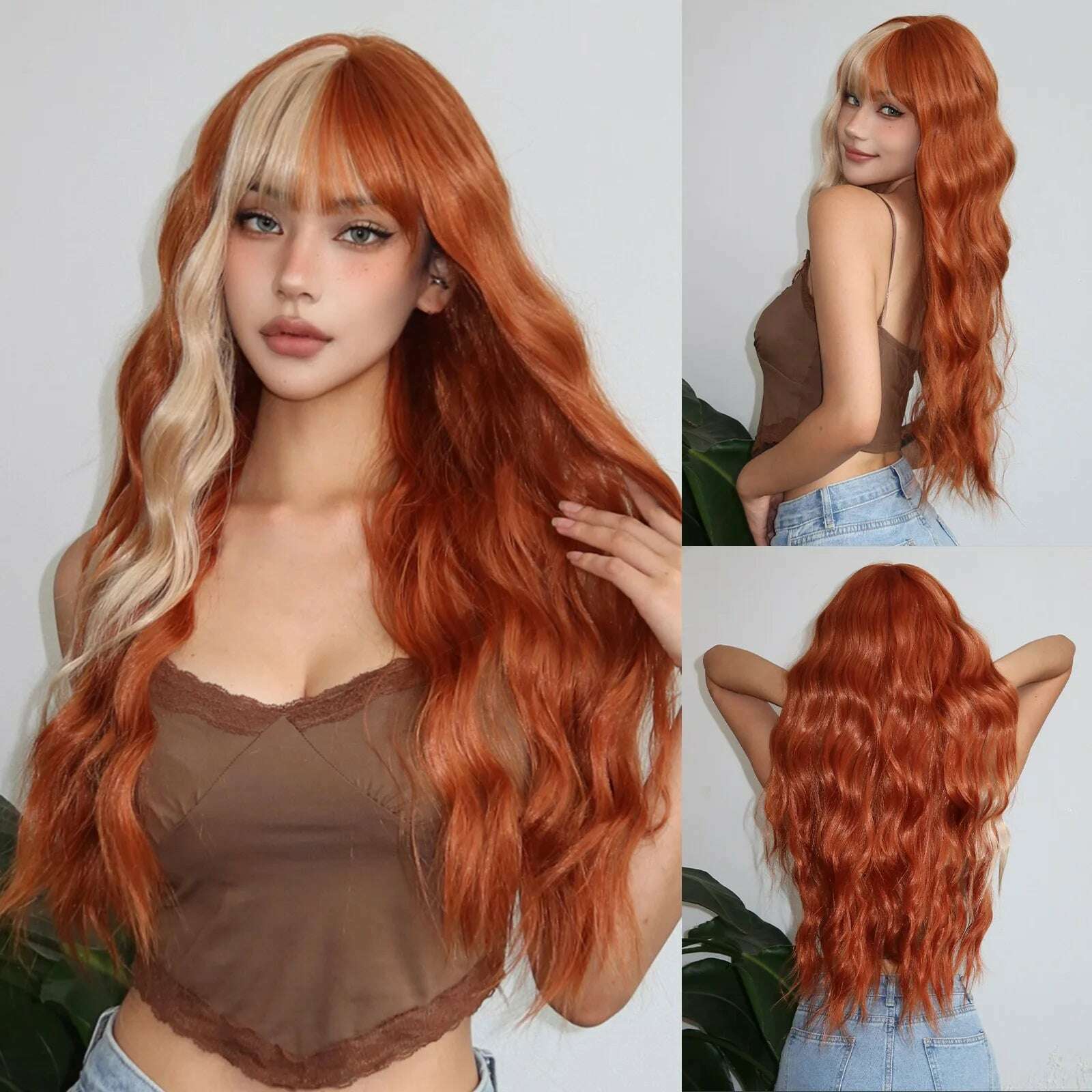 KIMLUD, Orange Long Wavy Wig with Bangs Blonde Highlight Wig Natural Wave Holiday Synthetic Hair Wigs Women Heat Resistant Cosplay Wig, WL1191-1, KIMLUD Womens Clothes