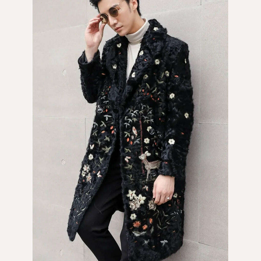Original Eco Sheep Wool Fur Men Overcoat Embroidery Double-Breasted Real Fur Sheepskin Coat Luxury Business Casual Long Jacket, KIMLUD Women's Clothes