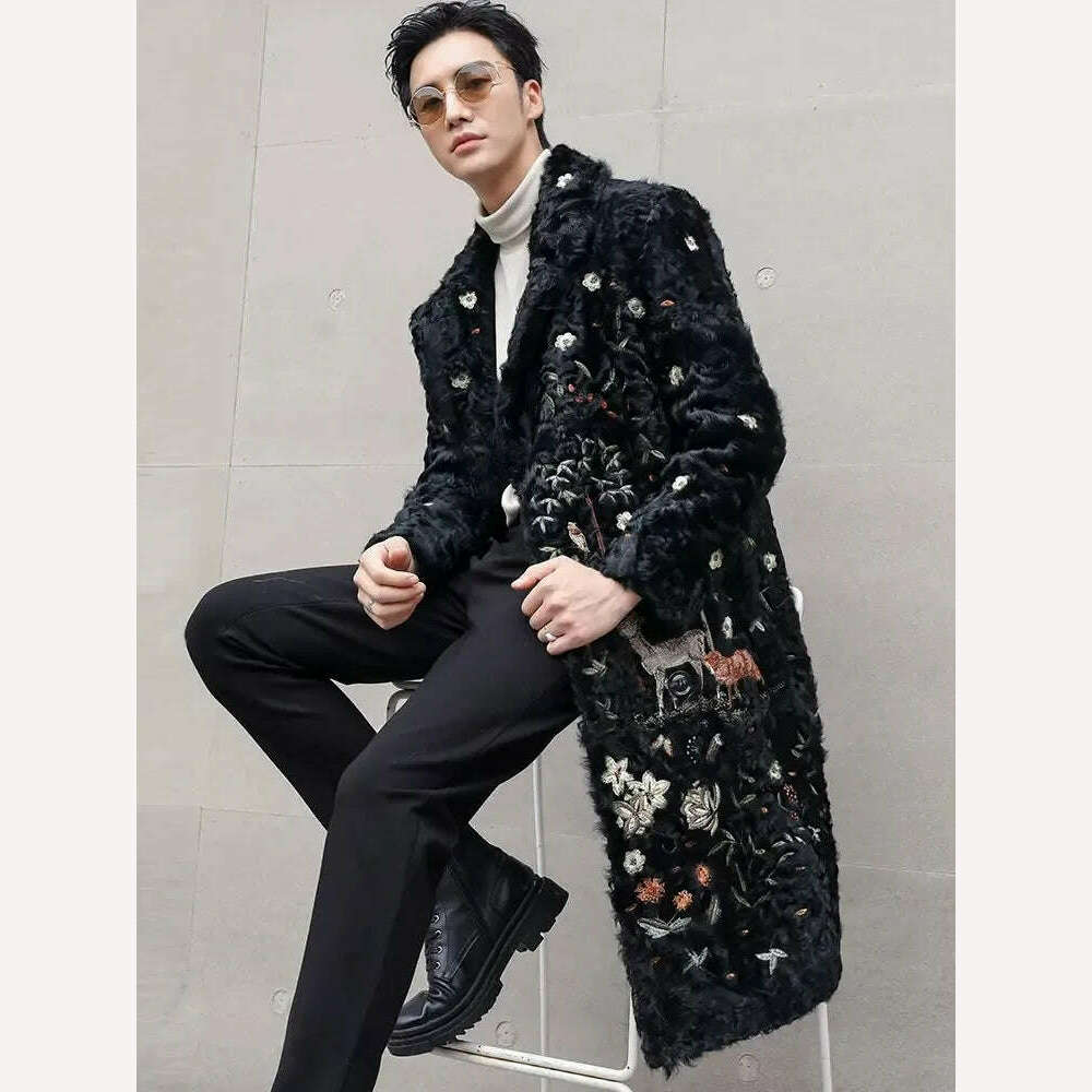 KIMLUD, Original Eco Sheep Wool Fur Men Overcoat Embroidery Double-Breasted Real Fur Sheepskin Coat Luxury Business Casual Long Jacket, KIMLUD Womens Clothes