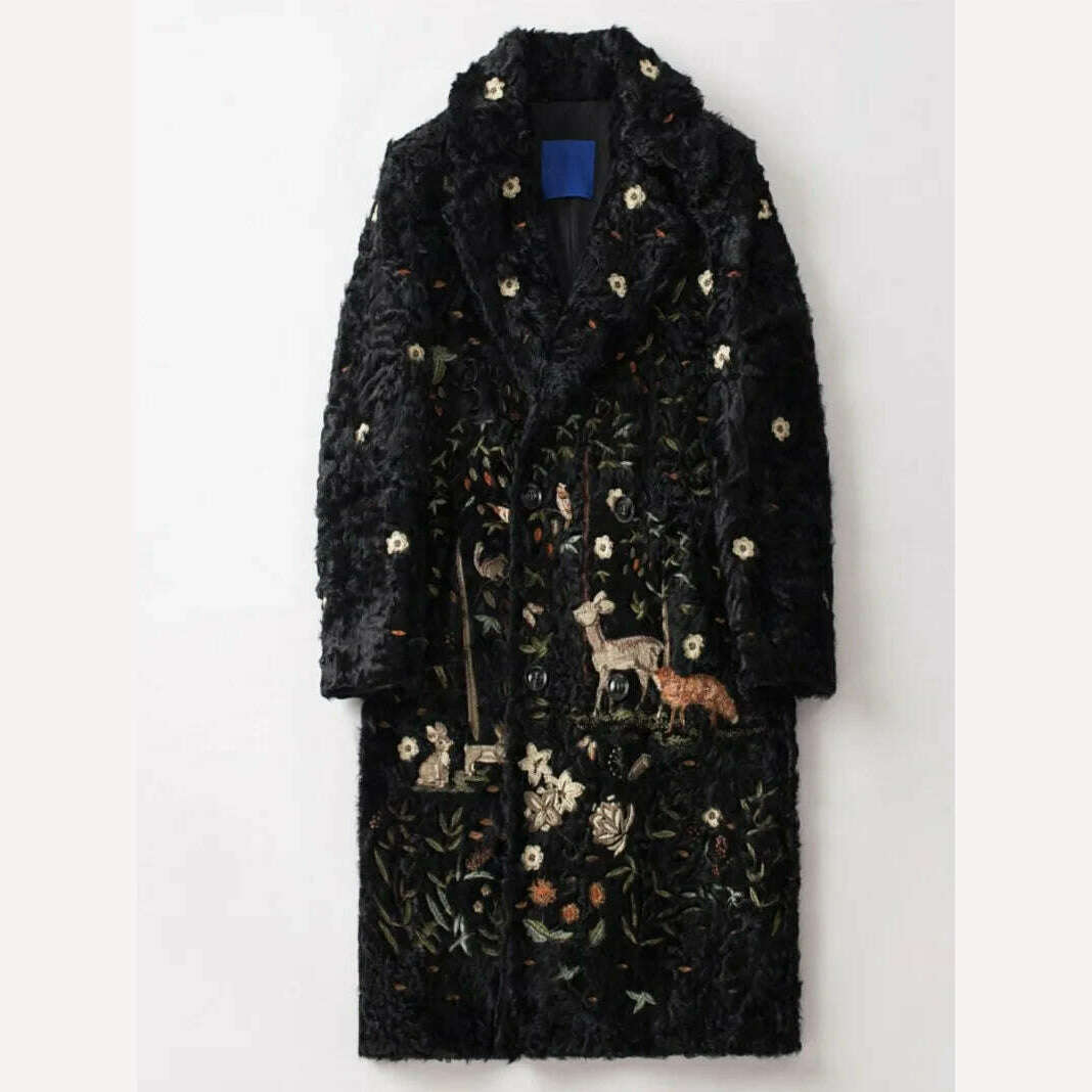 KIMLUD, Original Eco Sheep Wool Fur Men Overcoat Embroidery Double-Breasted Real Fur Sheepskin Coat Luxury Business Casual Long Jacket, KIMLUD Women's Clothes