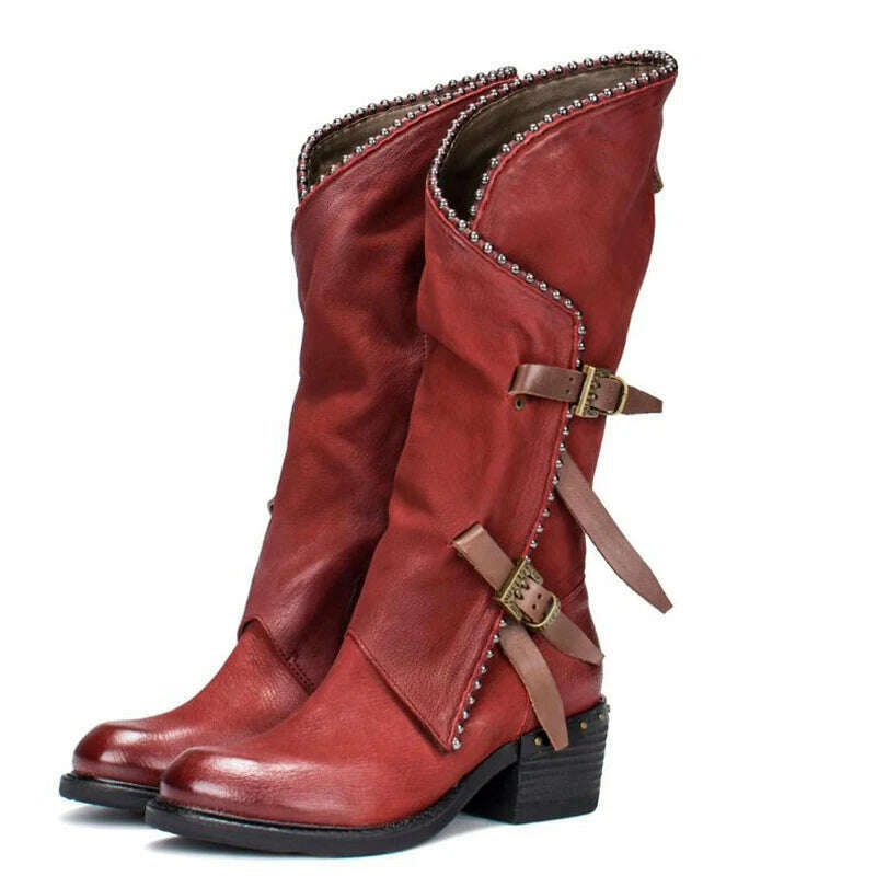 Original Retro Boots Medium Heeled Roman Style Buckle Decor Genuine Cow Leather Shoes Mid-Calf Round Toe Scrub Boots Winter Fall, red / 34, KIMLUD Women's Clothes