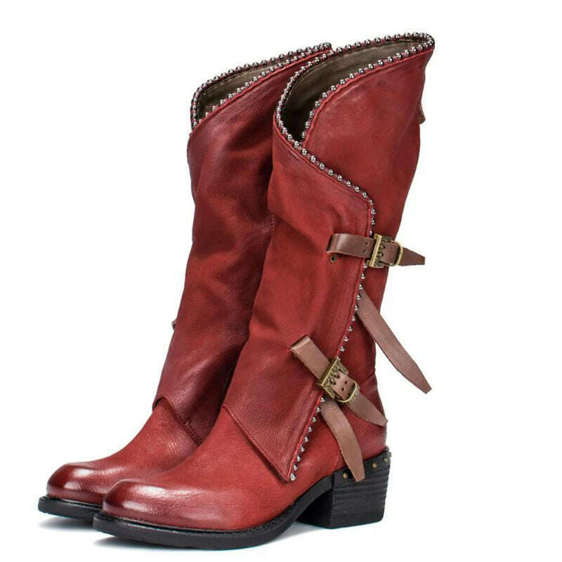 KIMLUD, Original Retro Boots Medium Heeled Roman Style Buckle Decor Genuine Cow Leather Shoes Mid-Calf Round Toe Scrub Boots Winter Fall, red / 34, KIMLUD APPAREL - Womens Clothes