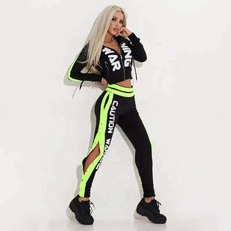 Oshoplive Letter Print Contrast Color Long Sleeve Zipper Hoodie Sports Yoga Suit Gym Leggings Pants Activewear For Women - KIMLUD