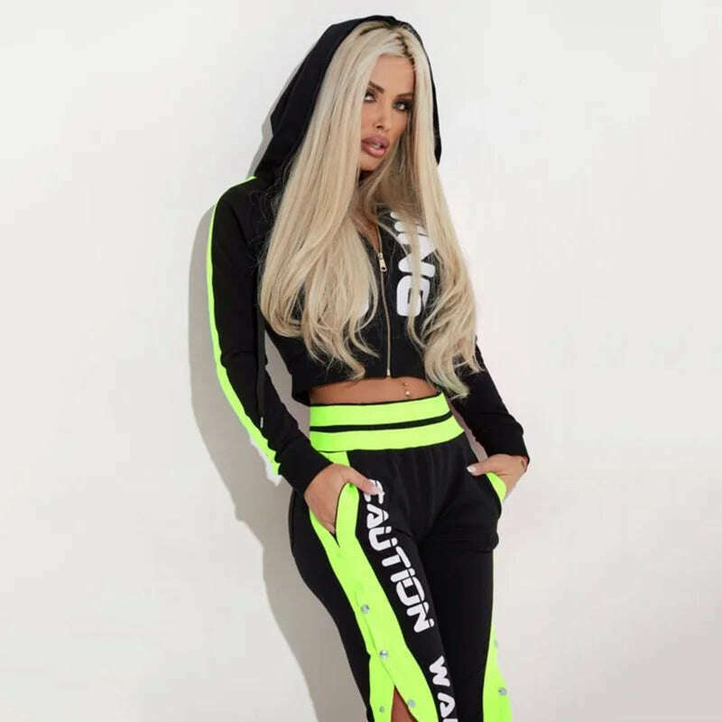Oshoplive Letter Print Contrast Color Long Sleeve Zipper Hoodie Sports Yoga Suit Gym Leggings Pants Activewear For Women - KIMLUD