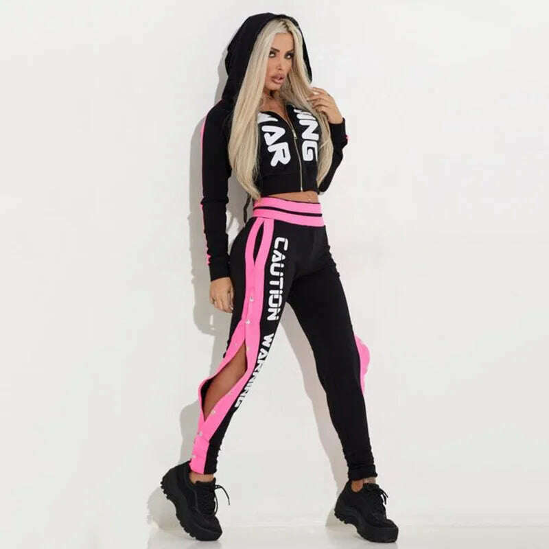 Oshoplive Letter Print Contrast Color Long Sleeve Zipper Hoodie Sports Yoga Suit Gym Leggings Pants Activewear For Women - KIMLUD
