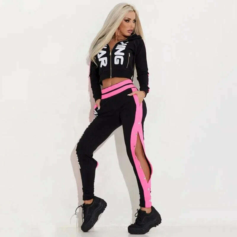 Oshoplive Letter Print Contrast Color Long Sleeve Zipper Hoodie Sports Yoga Suit Gym Leggings Pants Activewear For Women - KIMLUD