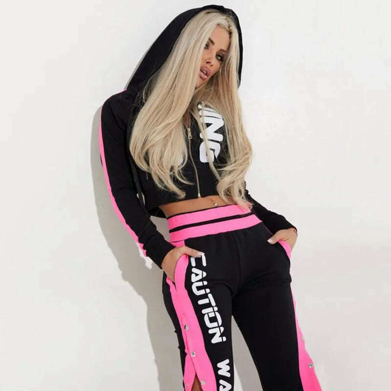 Oshoplive Letter Print Contrast Color Long Sleeve Zipper Hoodie Sports Yoga Suit Gym Leggings Pants Activewear For Women - KIMLUD