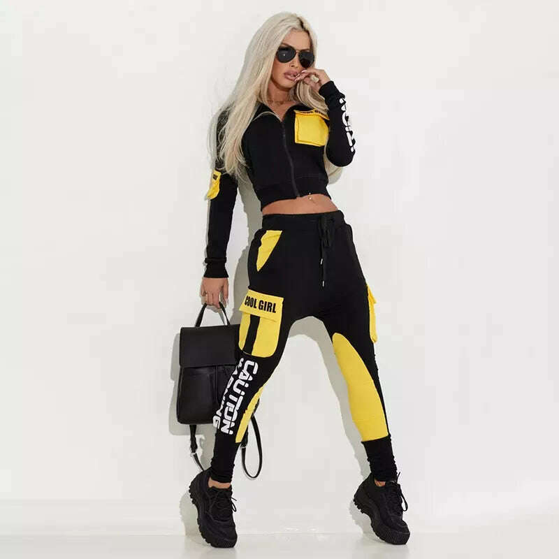 KIMLUD, Oshoplive Patchwork Pockets Zipper Jackets&Pants Stylish Suits Casual Drawstring Sweatpants Letter Print Sports Suit For Women, KIMLUD Womens Clothes