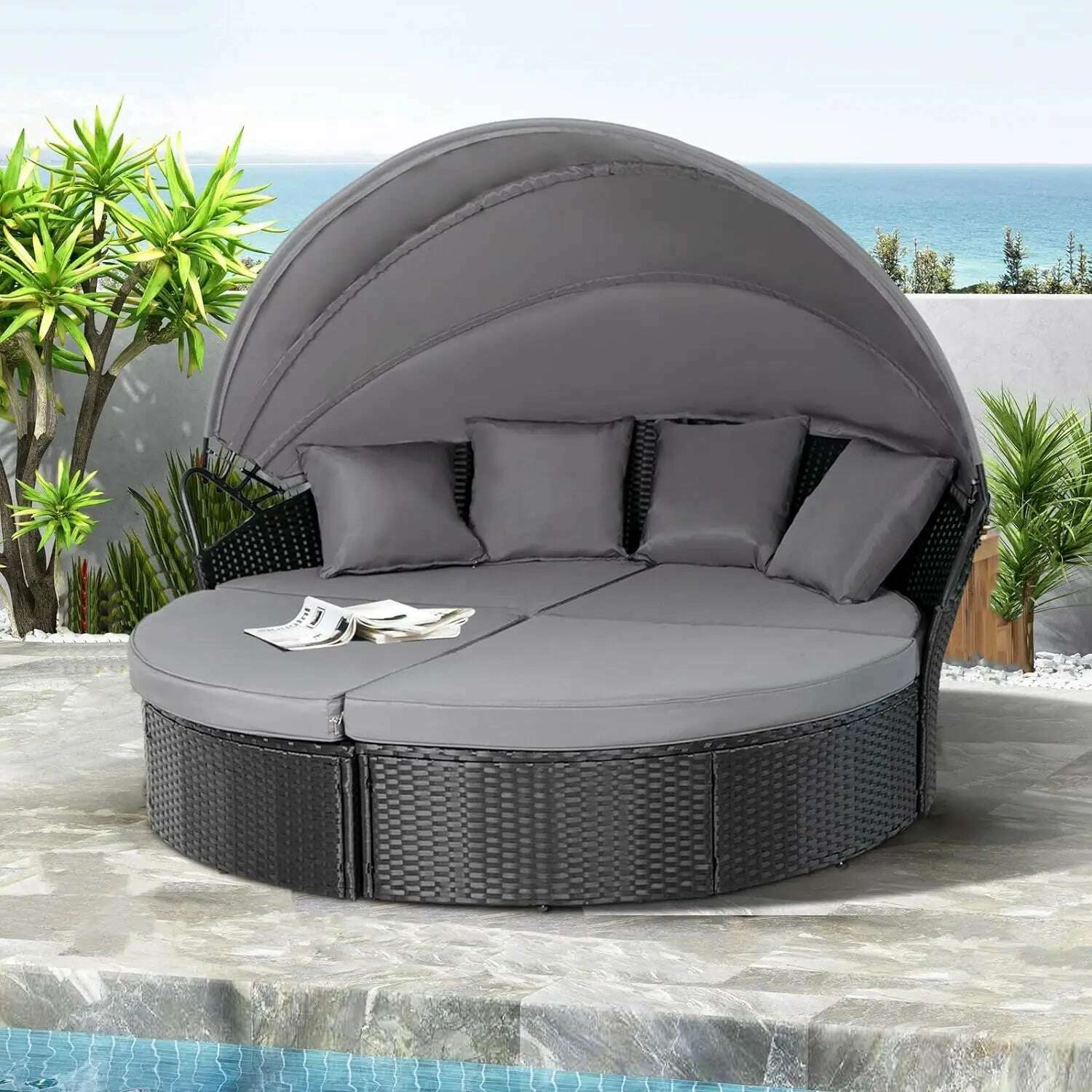 KIMLUD, Outdoor Terrace Canopy Bed with Washable Soft Cushion, Clamshell Shaped Segmented Seats, Suitable for Backyard, Porch, (brown), Black / United States / Round Daybed, KIMLUD Womens Clothes