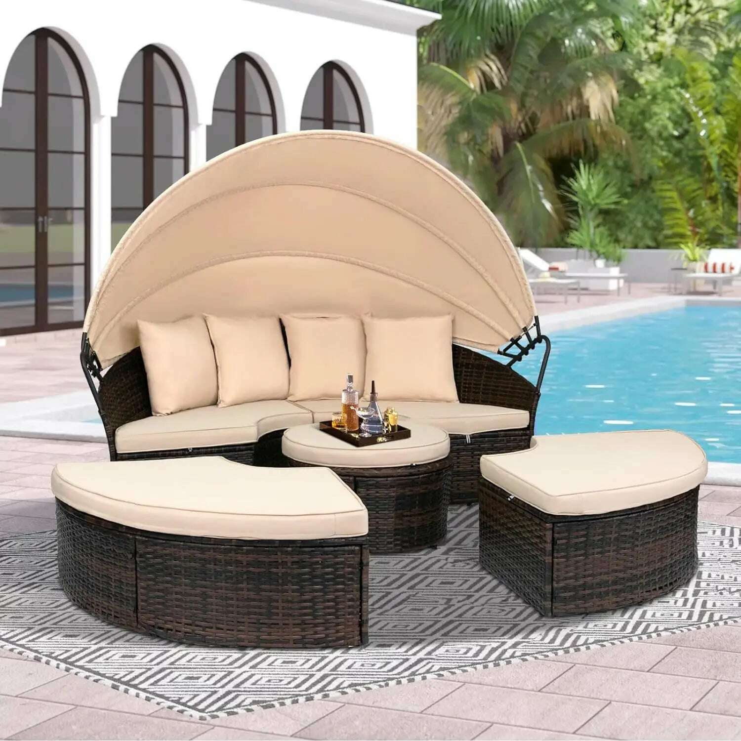 KIMLUD, Outdoor Terrace Canopy Bed with Washable Soft Cushion, Clamshell Shaped Segmented Seats, Suitable for Backyard, Porch, (brown), Brown / United States / Round Daybed, KIMLUD Womens Clothes