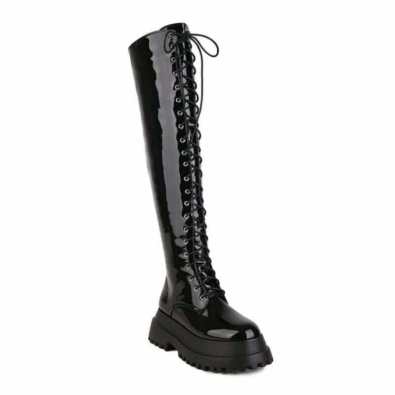 KIMLUD, Over-the-Knee Lace-up Christmas womens fashion boots Big size Glossy fabric side zips Carnival boots waterproof boots women, Black patent leather / 35, KIMLUD Womens Clothes
