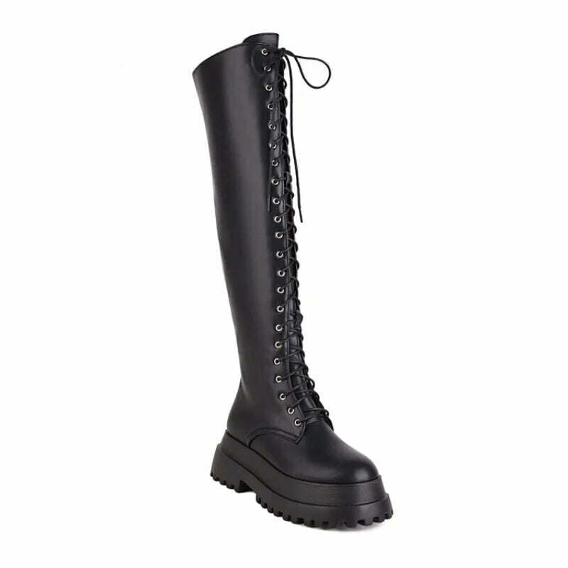 KIMLUD, Over-the-Knee Lace-up Christmas womens fashion boots Big size Glossy fabric side zips Carnival boots waterproof boots women, black / 35, KIMLUD APPAREL - Womens Clothes