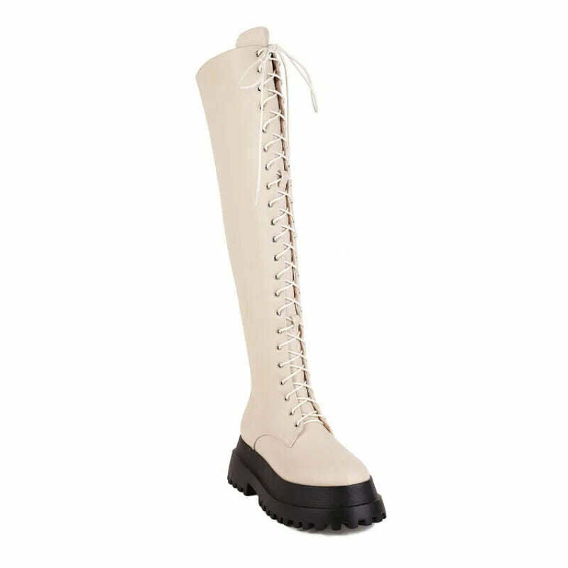 KIMLUD, Over-the-Knee Lace-up Christmas womens fashion boots Big size Glossy fabric side zips Carnival boots waterproof boots women, beige / 35, KIMLUD APPAREL - Womens Clothes