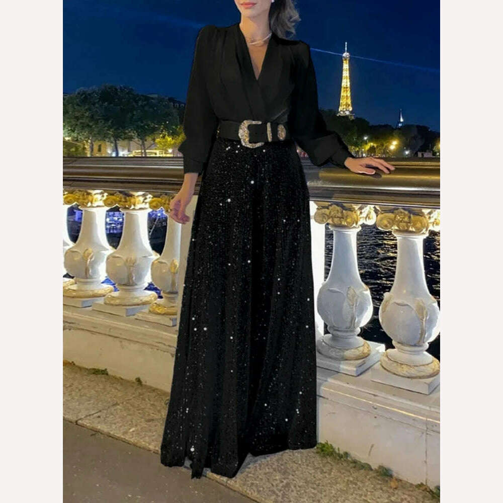 Overalls for Women Shirt Long Sleeve Original High Quality Belt Included Fashion Elegant Sequins Evening Party Jumpsuit Rompers, black No belt / XS / CHINA, KIMLUD Women's Clothes