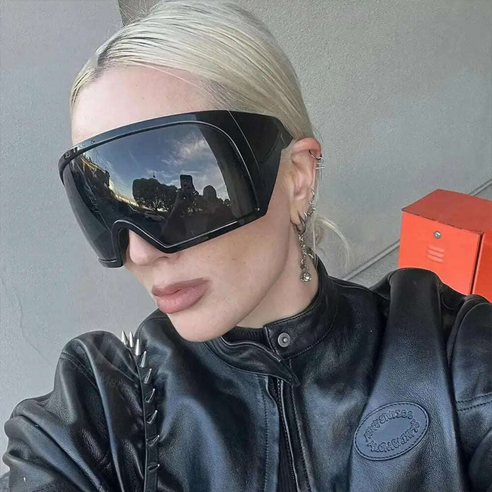 Oversize Fashion Y2k Wrap Around Sunglasses For Men Women Big Frame Black Shades Luxury Brand Design Punk Sun Glasses One Piece - KIMLUD
