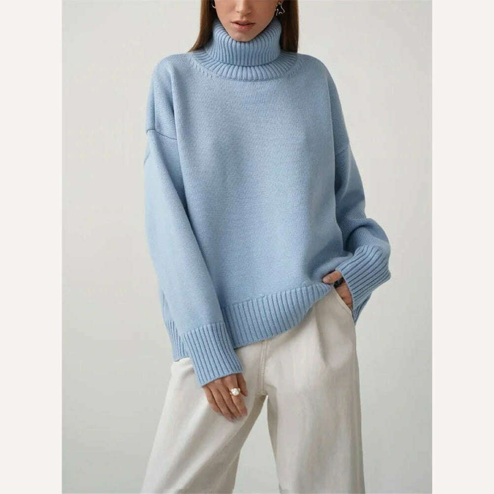 KIMLUD, Oversize Women Turtleneck Sweater Vintage Pullover Jumper Loose Ladies Pullover Jumper Winter Warm Knit Sweaters for Women 2023, Light Blue / One Size, KIMLUD Womens Clothes