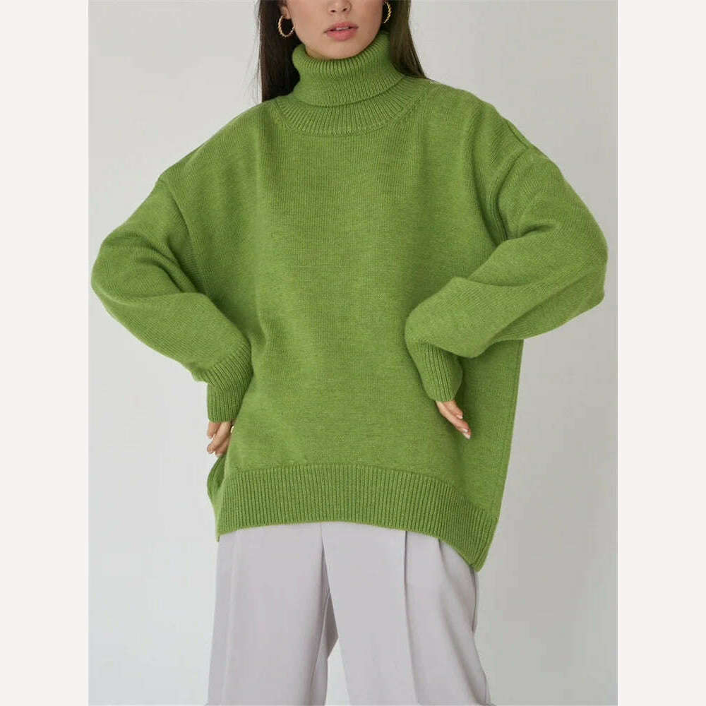KIMLUD, Oversize Women Turtleneck Sweater Vintage Pullover Jumper Loose Ladies Pullover Jumper Winter Warm Knit Sweaters for Women 2023, Olive Green / One Size, KIMLUD Womens Clothes