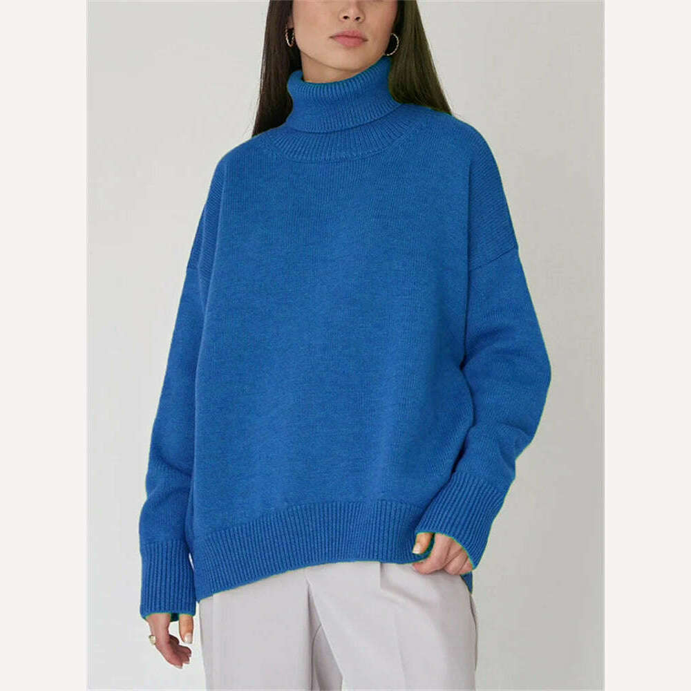 KIMLUD, Oversize Women Turtleneck Sweater Vintage Pullover Jumper Loose Ladies Pullover Jumper Winter Warm Knit Sweaters for Women 2023, Blue / One Size, KIMLUD Womens Clothes