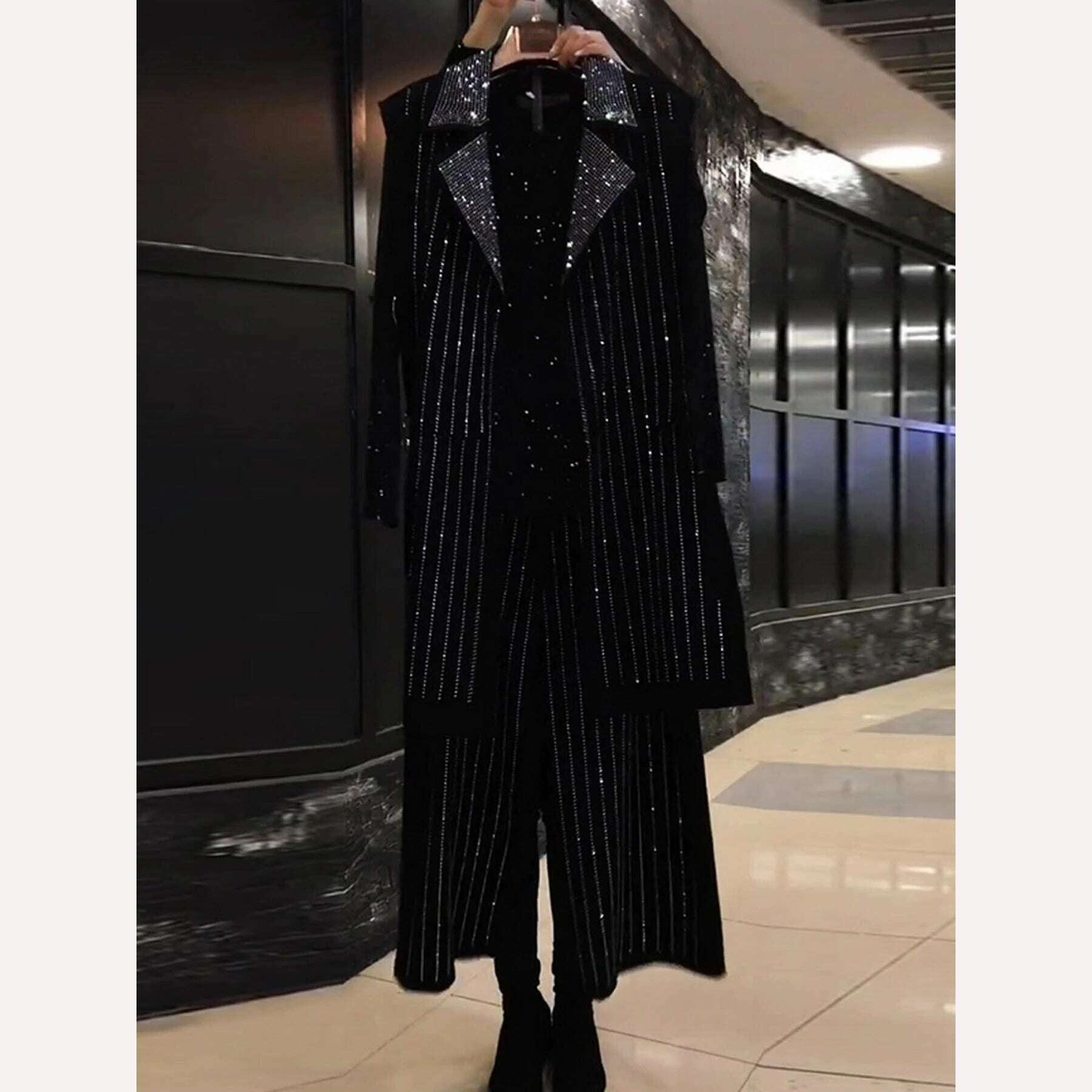 KIMLUD, Oversized 6XL Women Clothes Spring Autumn New Mid-Length Black Vest Wide Leg Pants Suit Fat Girls Heavy Diamond Three-Piece Sets, KIMLUD Womens Clothes