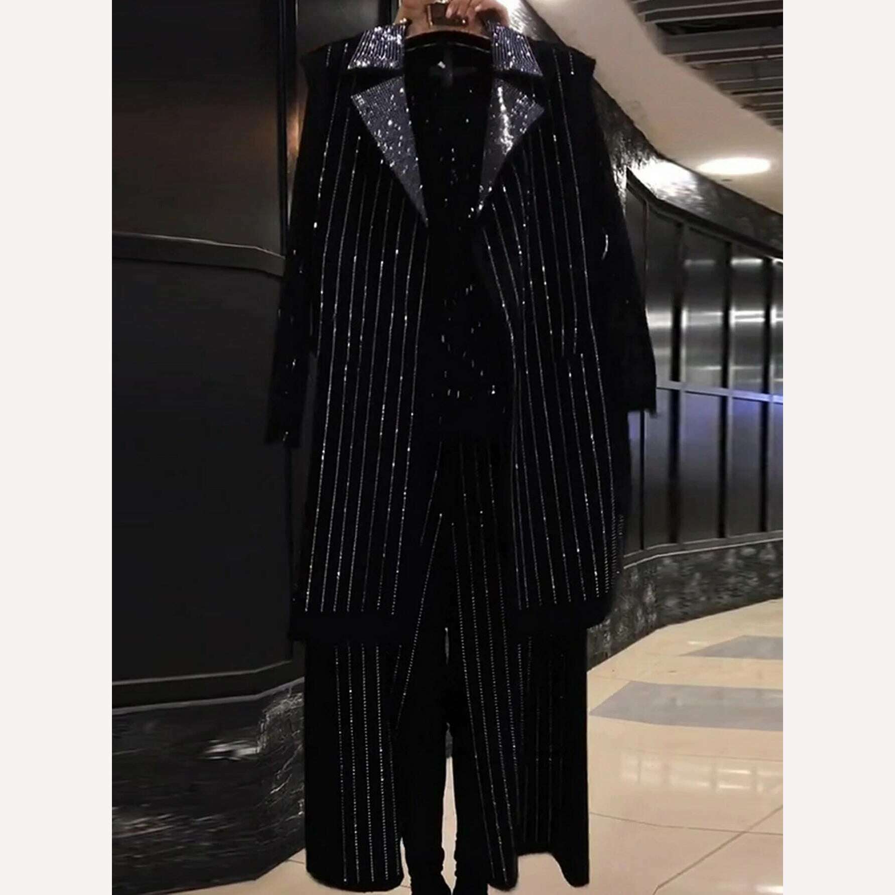 KIMLUD, Oversized 6XL Women Clothes Spring Autumn New Mid-Length Black Vest Wide Leg Pants Suit Fat Girls Heavy Diamond Three-Piece Sets, KIMLUD Womens Clothes