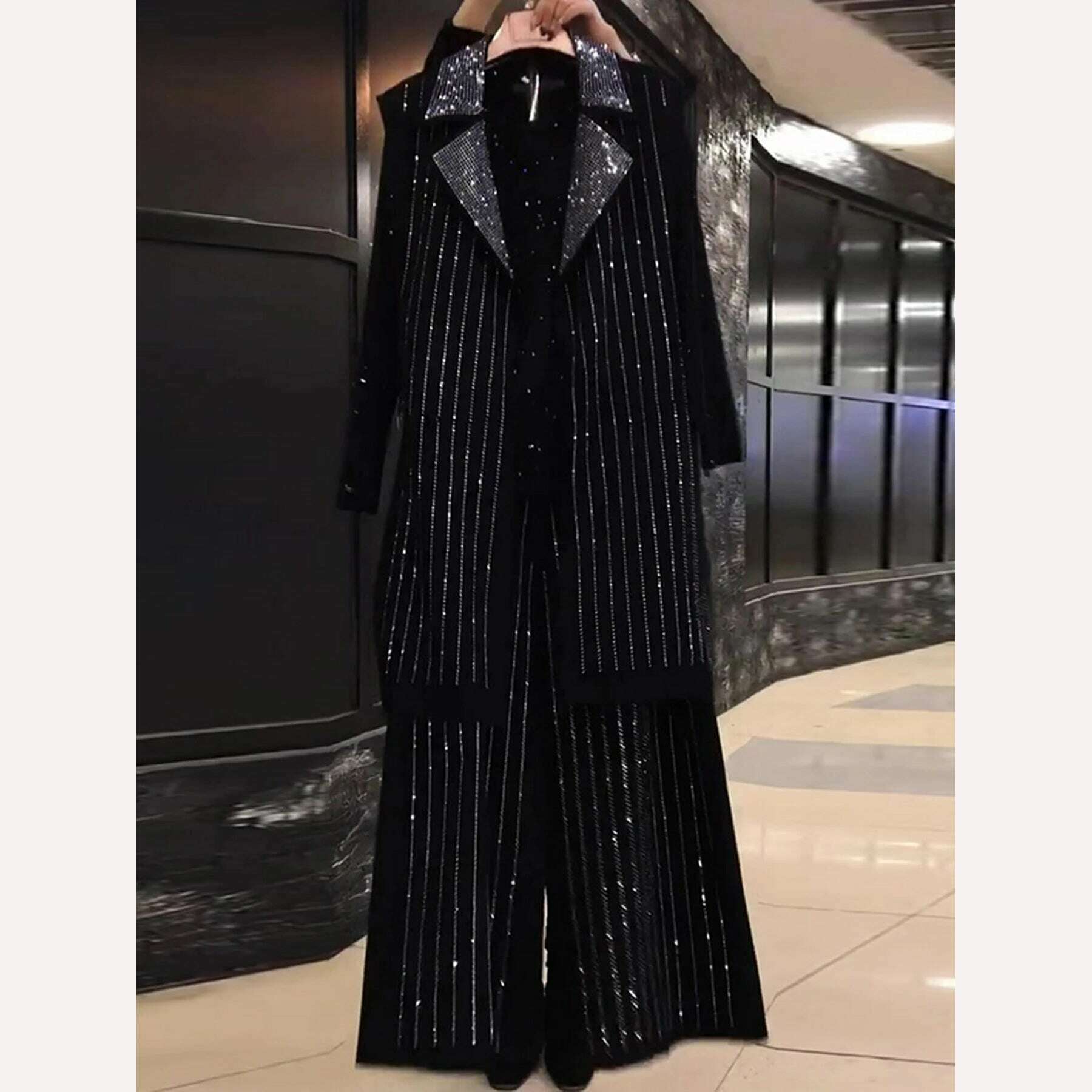 KIMLUD, Oversized 6XL Women Clothes Spring Autumn New Mid-Length Black Vest Wide Leg Pants Suit Fat Girls Heavy Diamond Three-Piece Sets, KIMLUD Womens Clothes