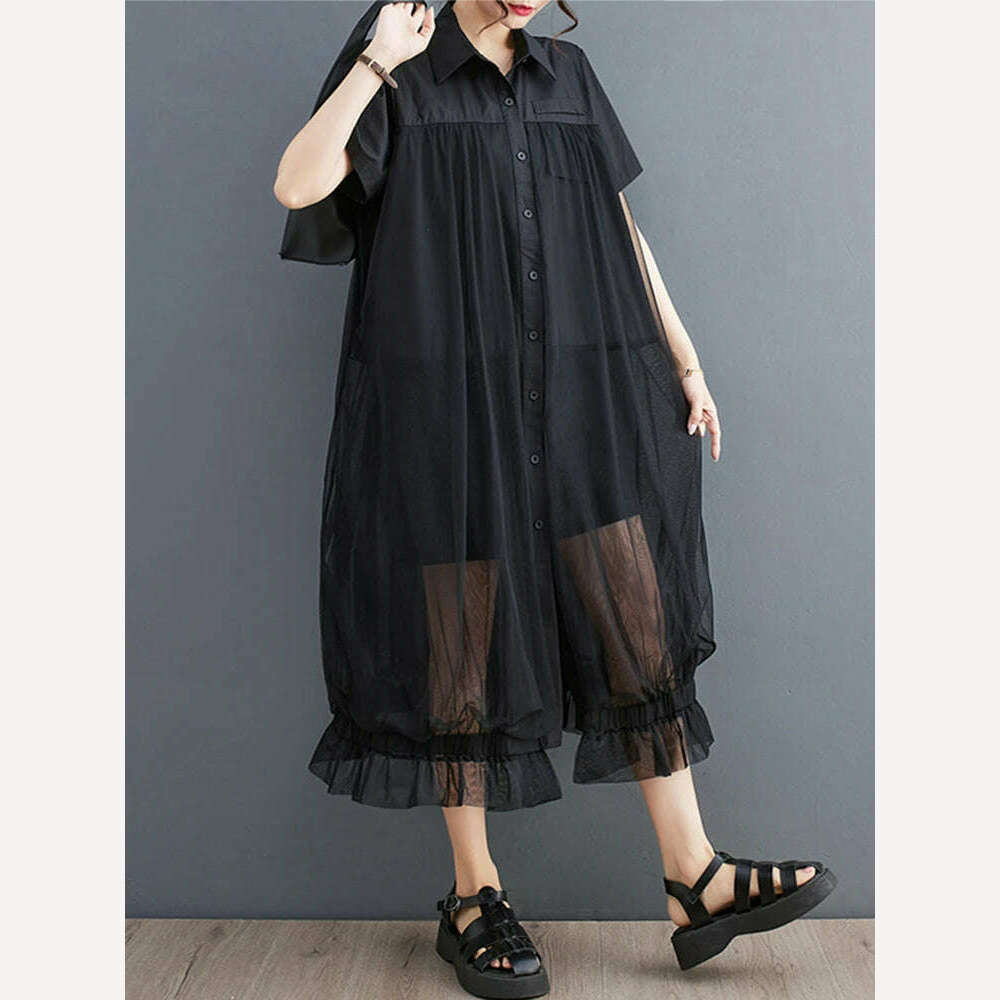 KIMLUD, Oversized Autumn Shirt Long Dress Women Mesh Patchwork Long Sleeve Ladies Dresses Fashion Casual Loose Dress Woman 2023, Black Short Sleeve / Fit L-3XL, KIMLUD Womens Clothes