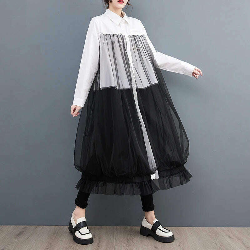 KIMLUD, Oversized Autumn Shirt Long Dress Women Mesh Patchwork Long Sleeve Ladies Dresses Fashion Casual Loose Dress Woman 2023, White Long Sleeve / One Size, KIMLUD Womens Clothes