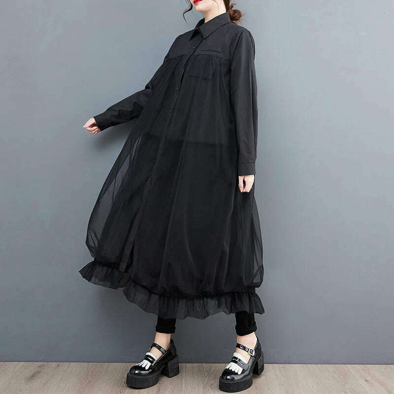 KIMLUD, Oversized Autumn Shirt Long Dress Women Mesh Patchwork Long Sleeve Ladies Dresses Fashion Casual Loose Dress Woman 2023, Black Long Sleeve / One Size, KIMLUD Womens Clothes